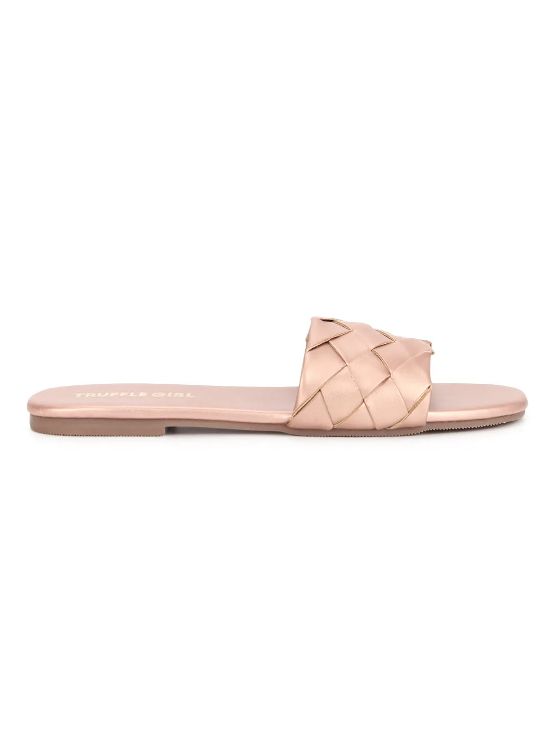 Rose Gold PU Woven Slide On Flat Sandals