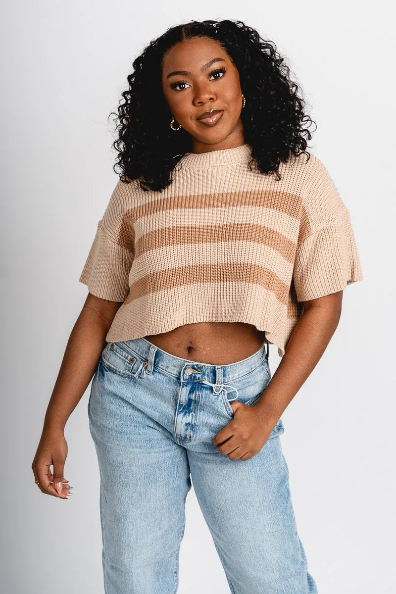 Striped short sleeve sweater beige