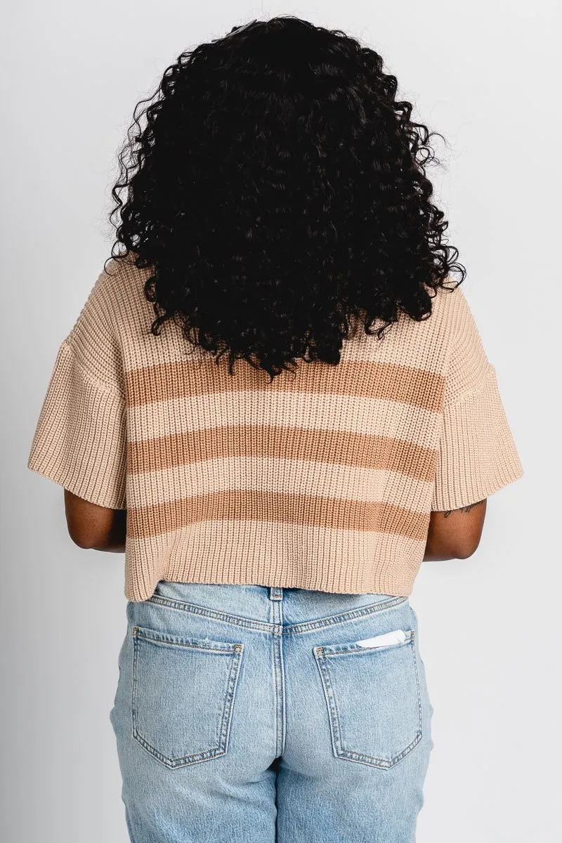 Striped short sleeve sweater beige