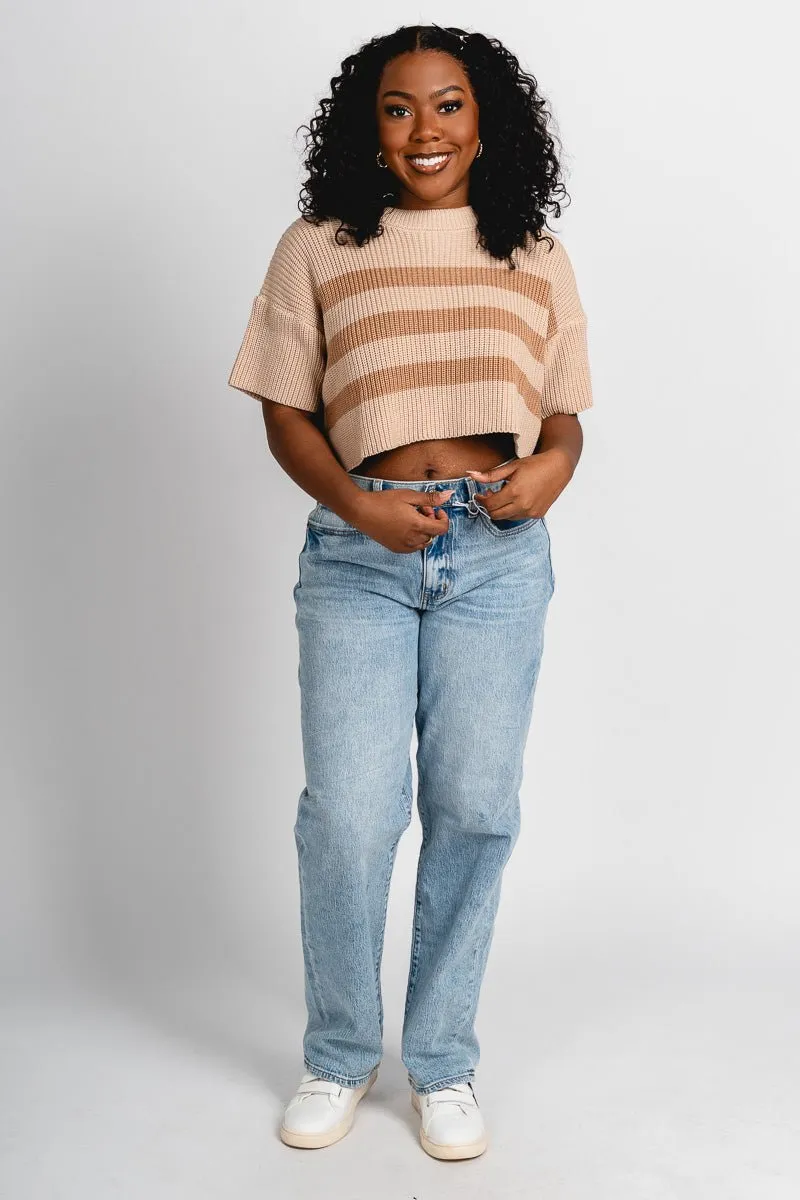 Striped short sleeve sweater beige