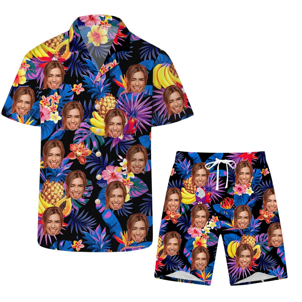 Tropical Fruit Print Men’s Summer Set Short-Sleeved Shirt & Beach Shorts Casual Wear
