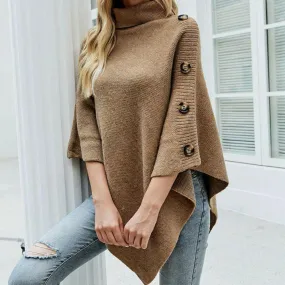 Turtleneck Poncho with Side Buttons Details